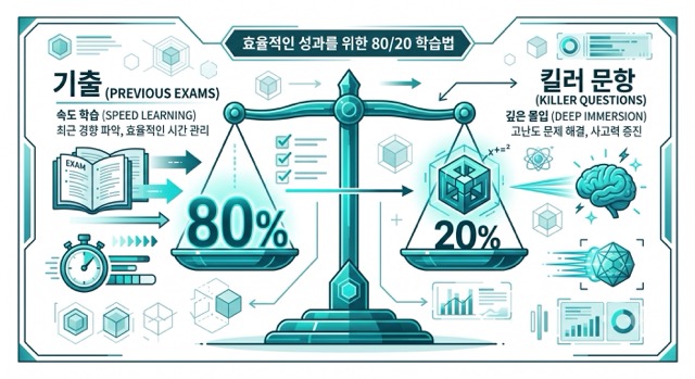 직장인 단기 합격을 위한 기출 속도전과 킬러 문항 깊은 몰입의 80대 20 하이브리드 공부 시스템 인포그래픽 도표