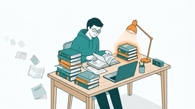 공부 범위 줄이기 전략을 위해 방대한 시험 자료 중 출제 우선순위 A급과 B급 테마만 영리하게 선별하여 집중하는 독학 수험생 일러스트