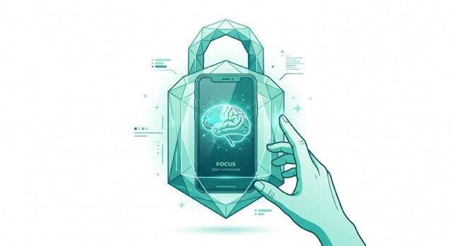몰입의 장벽을 넘기 위해 자극적인 스마트폰 도파민을 물리적으로 차단하고 전두엽 에너지를 아끼는 황농문 몰입 공부법 일러스트