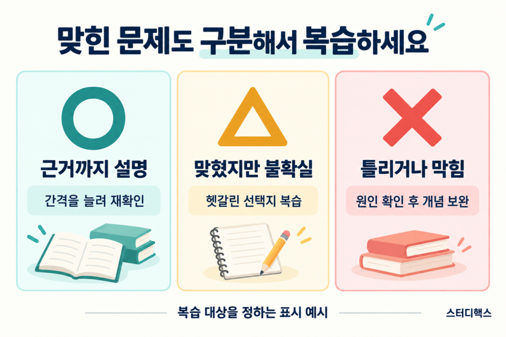 기출문제를 근거까지 설명하는 문제, 맞혔지만 불확실한 문제, 틀린 문제로 구분하는 방법