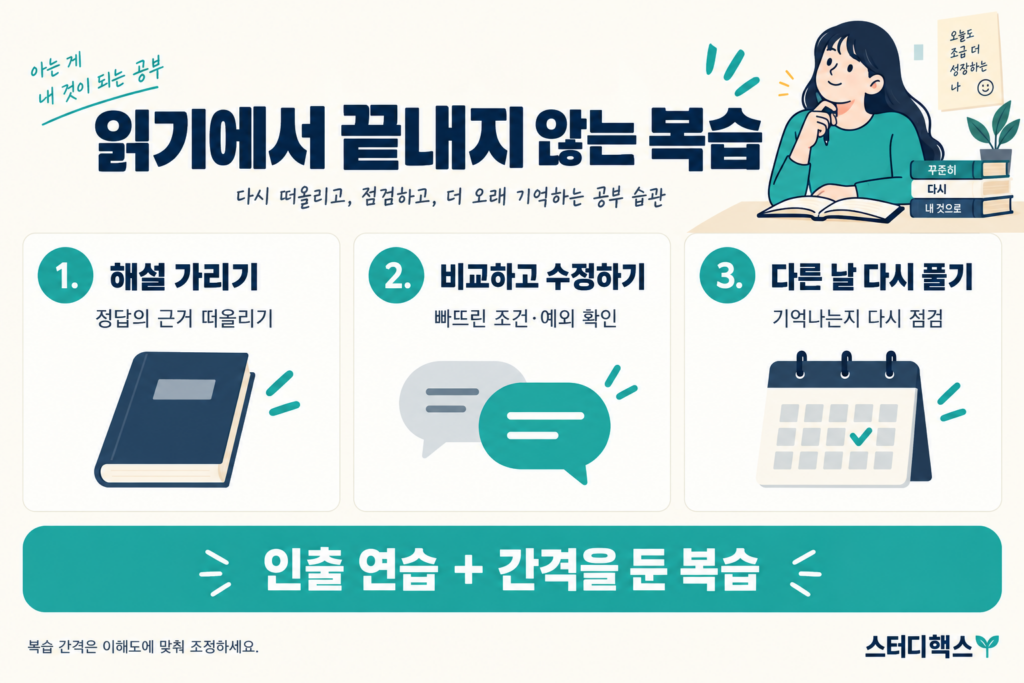 해설 가리기, 비교하고 수정하기, 다른 날 다시 풀기의 복습 3단계