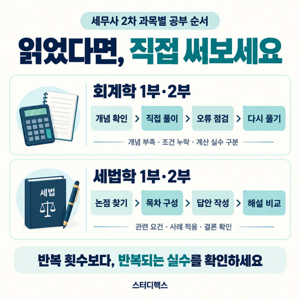 - 회계학의 직접 풀이·오류 점검과 세법학의 논점 정리·답안 작성을 비교한 공부 순서
