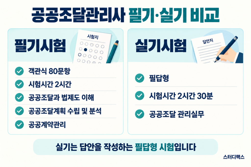 공공조달관리사 필기 객관식 80문항 2시간과 실기 필답형 2시간 30분 비교