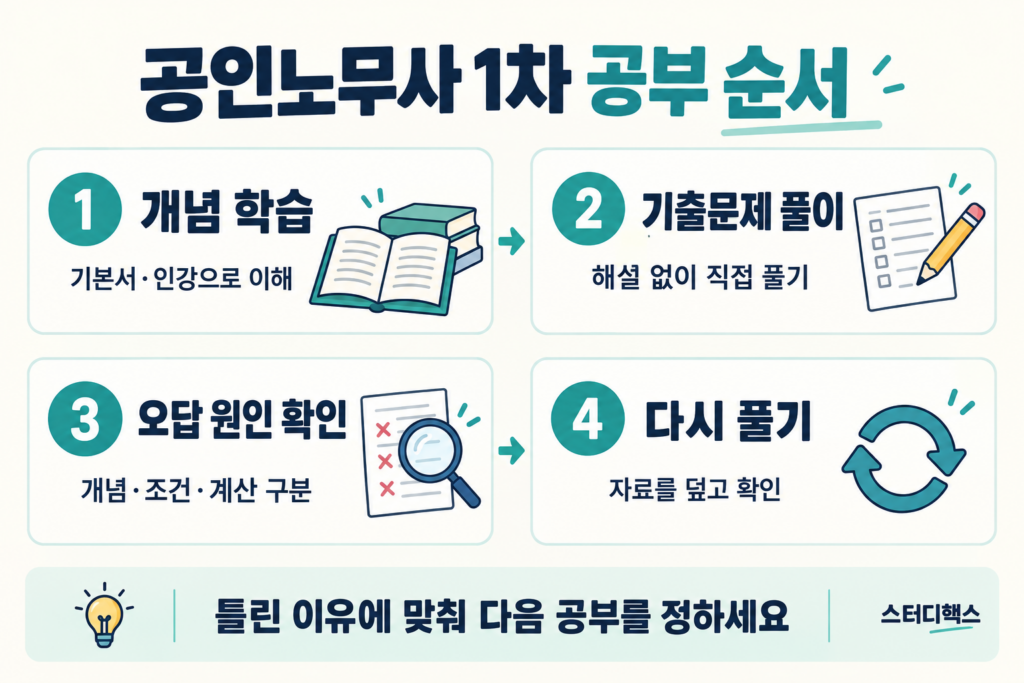 개념 학습, 기출문제 풀이, 오답 원인 확인, 다시 풀기로 이어지는 공인노무사 공부 순서