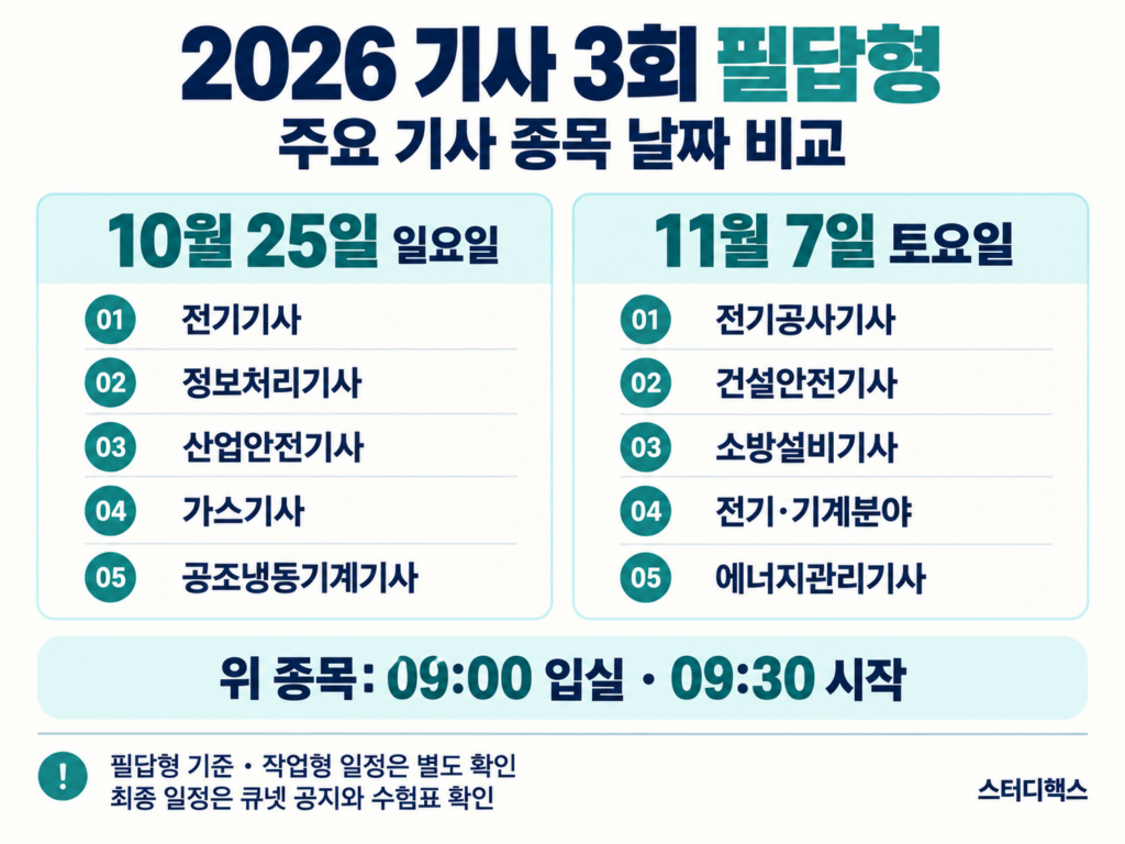 전기·정보처리·산업안전기사는 10월 25일, 전기공사·소방설비·에너지관리기사는 11월 7일 필답형 시행