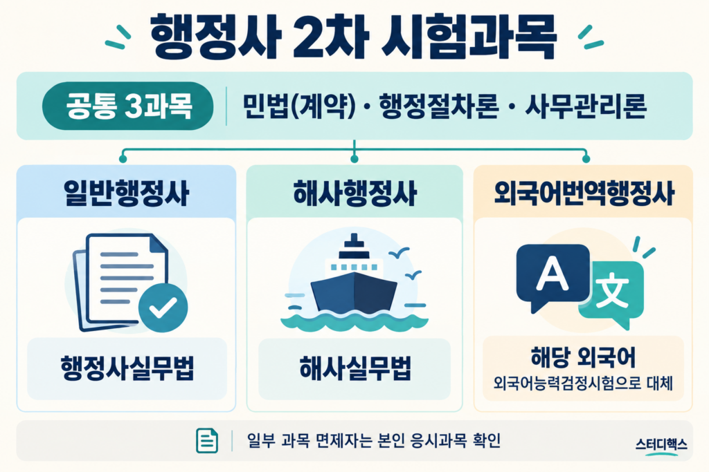 일반·해사·외국어번역행정사의 공통 과목과 종류별 시험과목 비교
